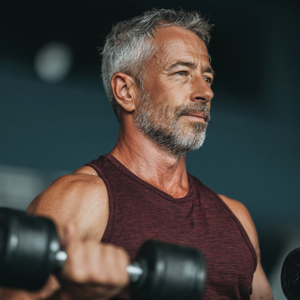 Чоловік 55 років виконує силові вправи з гантелями у фітнес залі, демонструючи правильну техніку та концентрацію