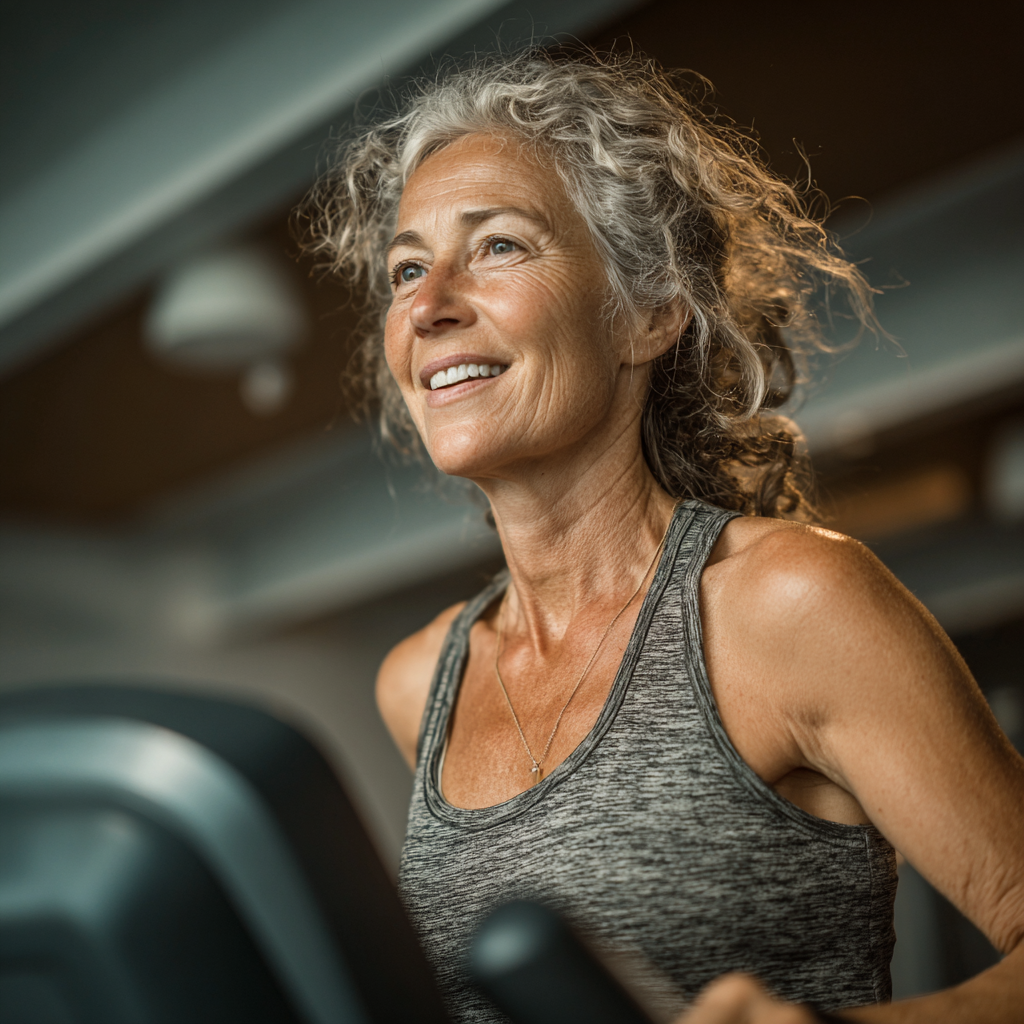 Жінка 58 років займається кардіо тренуванням на біговій доріжці, усміхається та виглядає енергійно