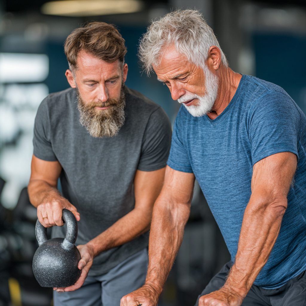 Тренер допомагає чоловікові 60 років правильно виконувати вправу з гирею, демонструючи індивідуальний підхід та професійну підтримку