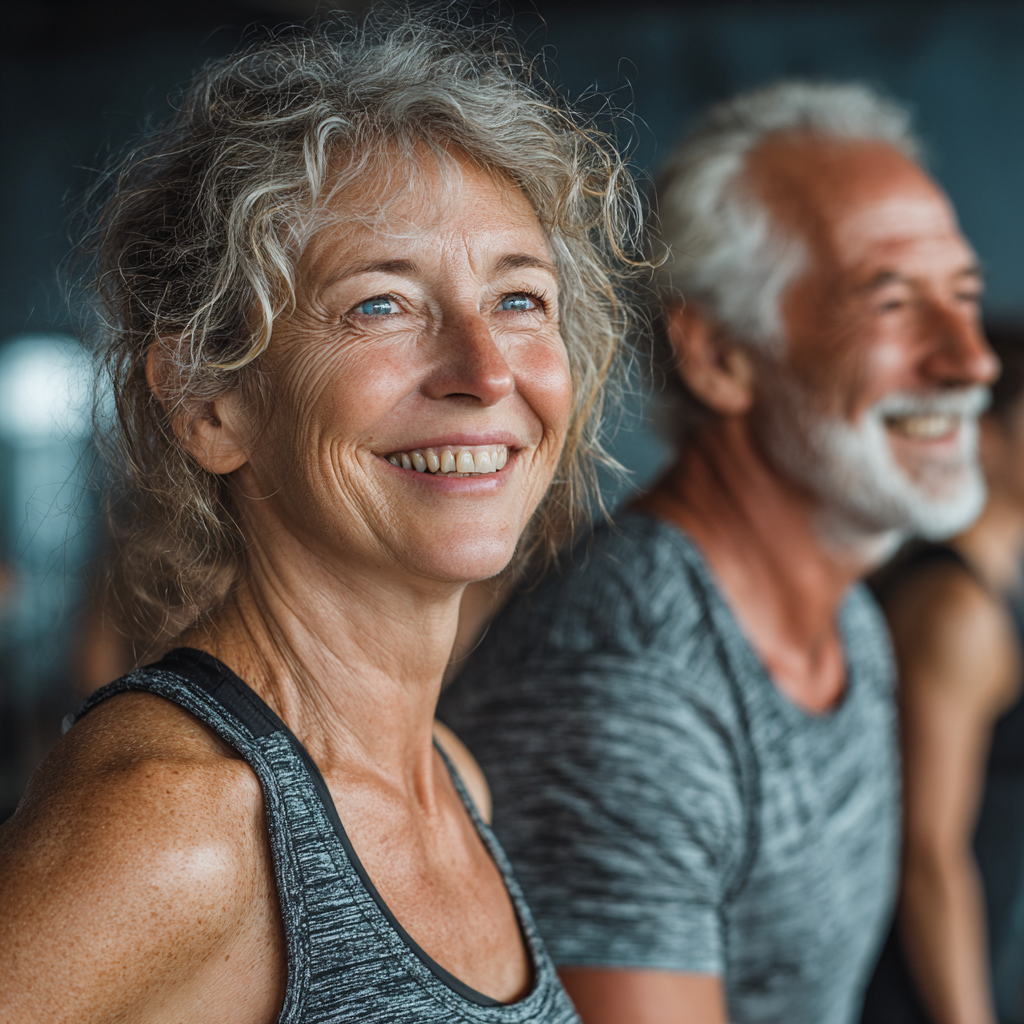 Пара у віці 52-60 років разом виконує групові вправи, підтримуючи один одного та посміхаючись
